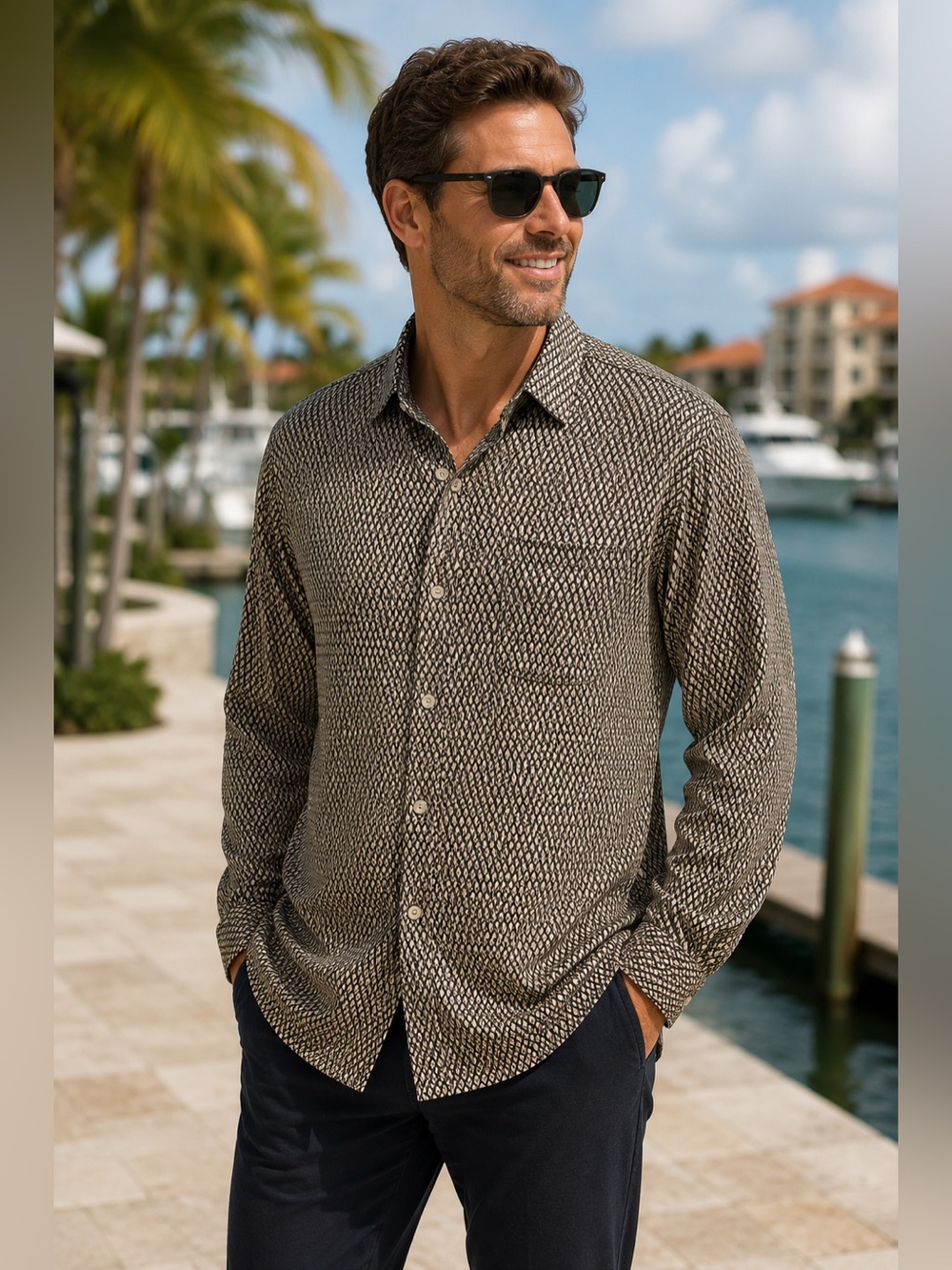 Claiborne Men's Brown Patterned Casual Button-Down Shirt